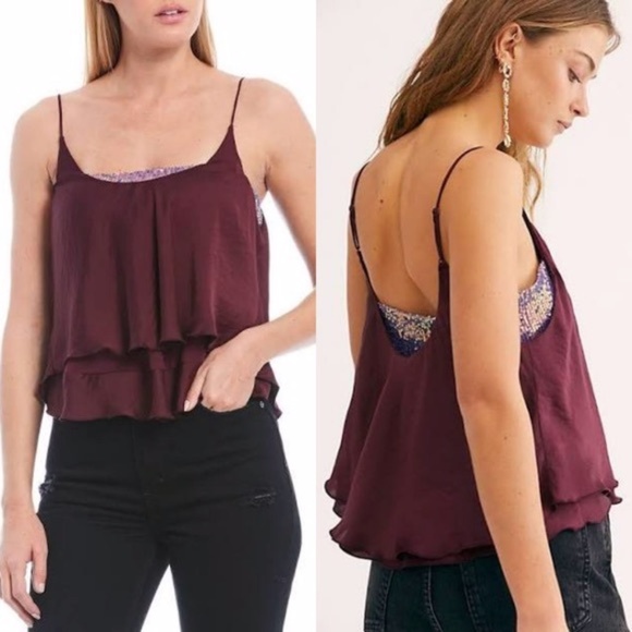 Free People Turn It On Cami Sequins Top Plum Color Sleeveless Blouse Size S - Picture 6 of 8